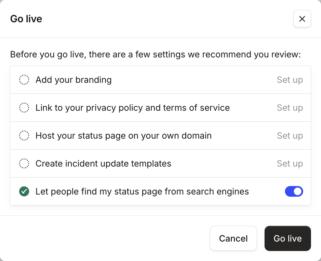 Go live modal listing branding, policy links, custom domain and template settings to review