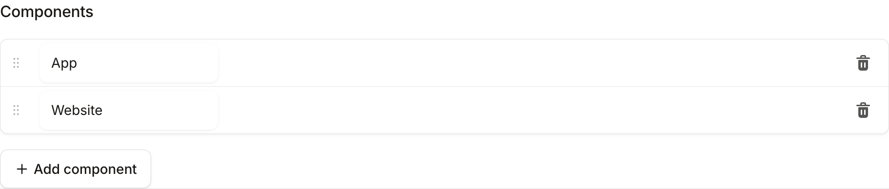 Components list containing App and Website, with an Add component button