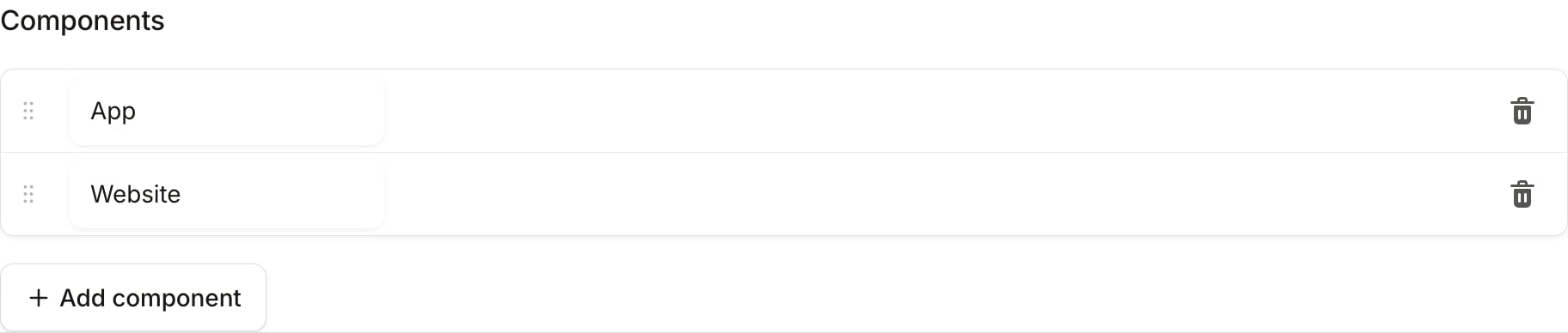Components list containing App and Website, with an Add component button