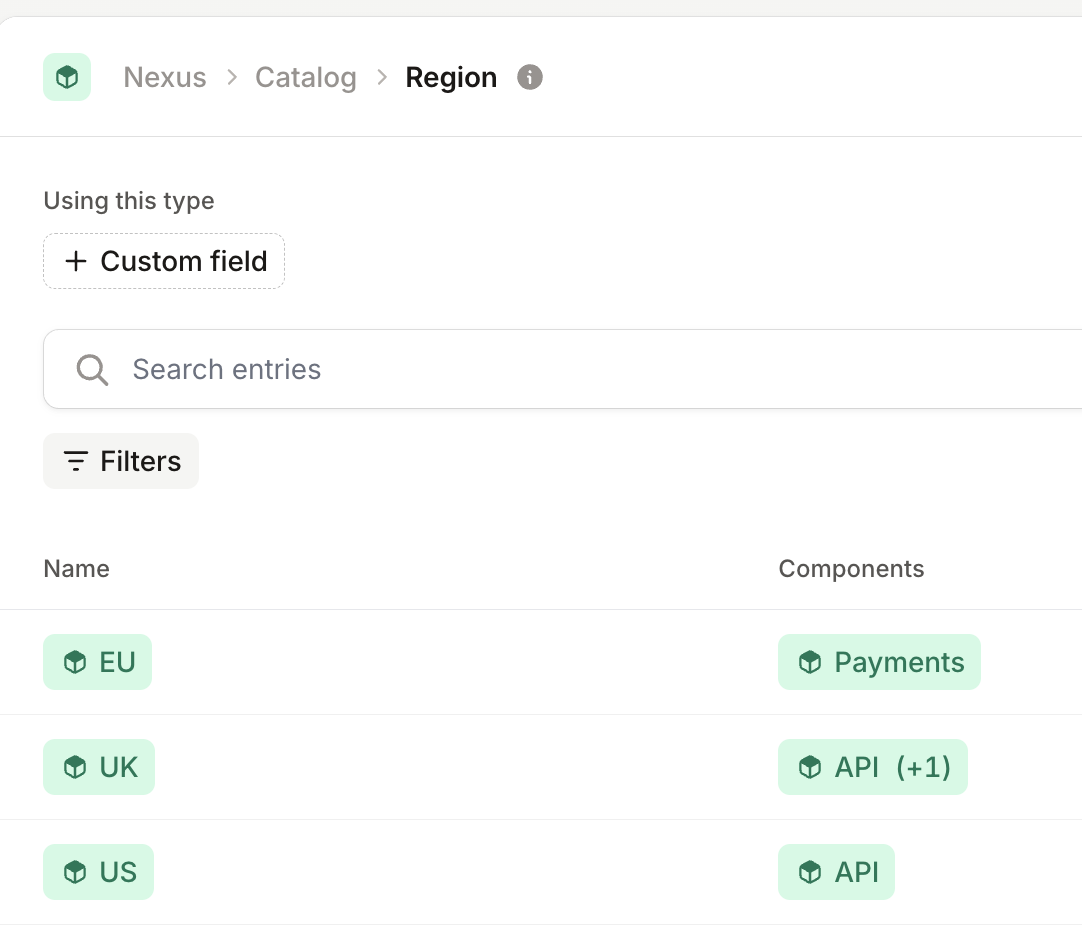 The Region catalog type in Catalog, listing EU, UK and US with their components