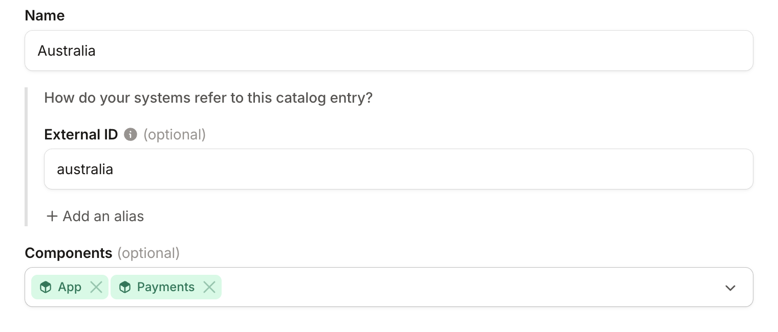 Create entry form for a new Region named Australia, with App and Payments components