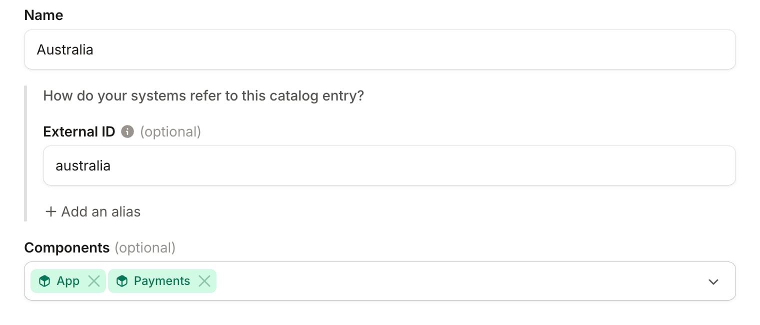 Create entry form for a new Region named Australia, with App and Payments components