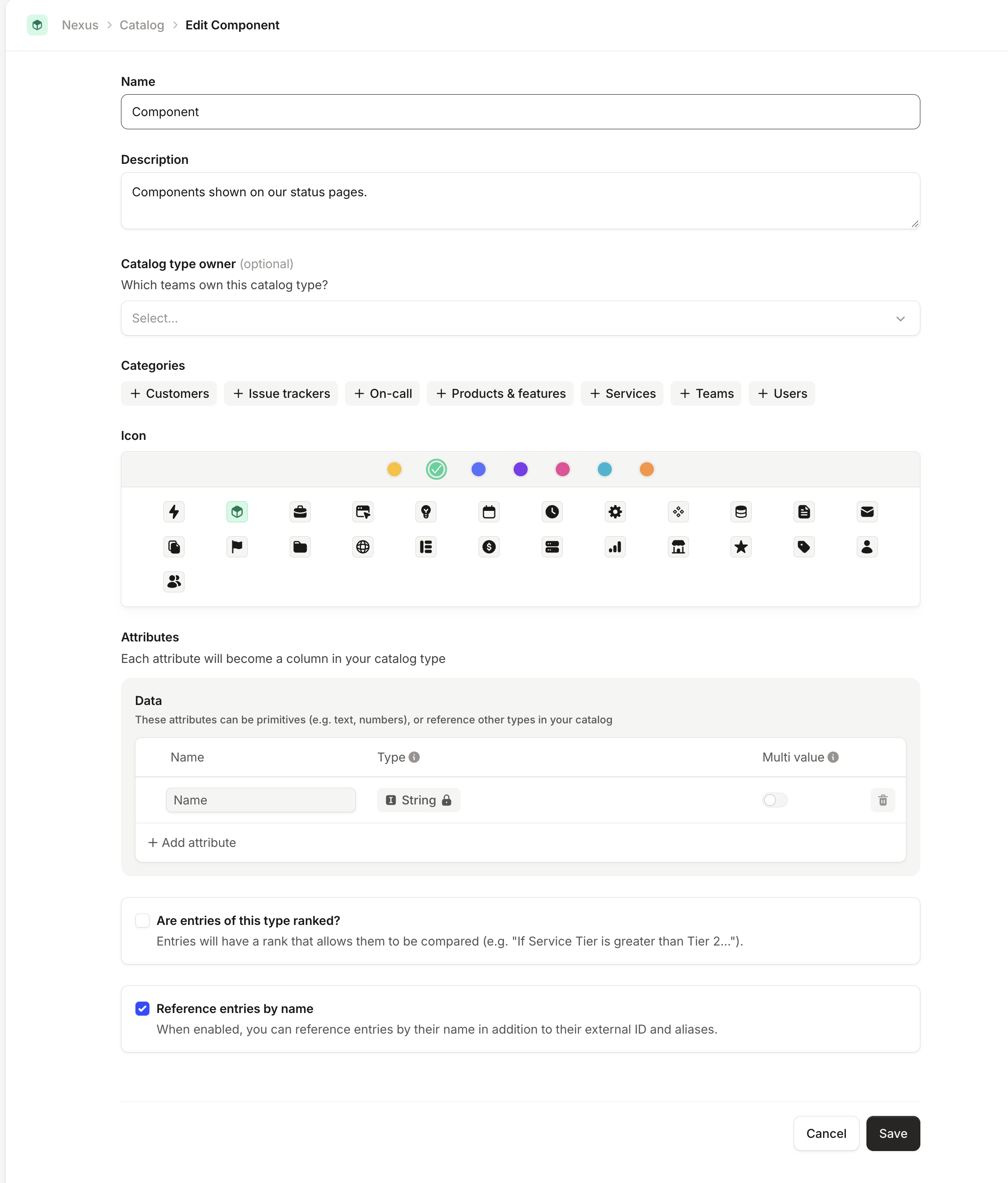 Edit Component catalog type, with a single Name attribute of type String