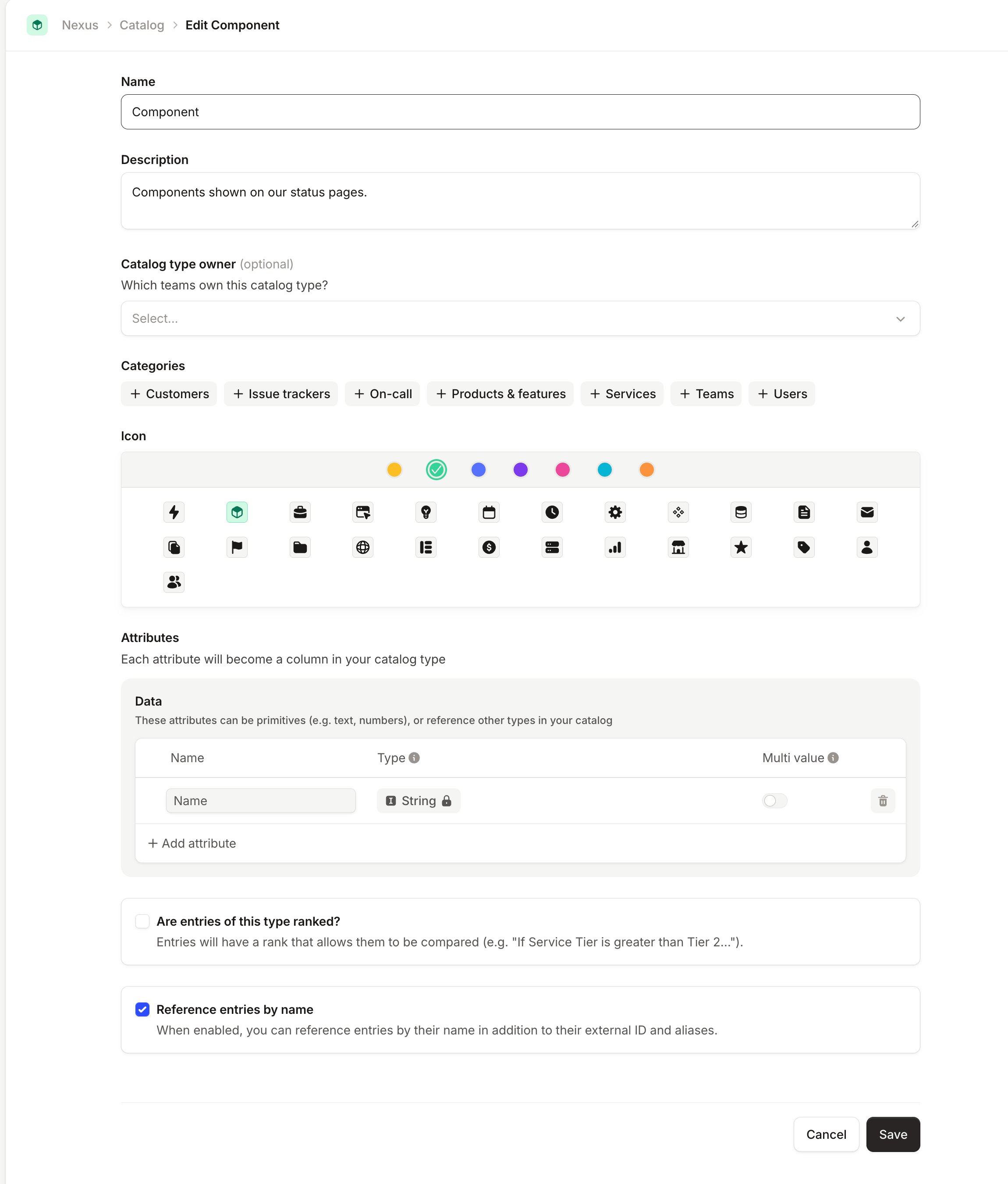Edit Component catalog type, with a single Name attribute of type String