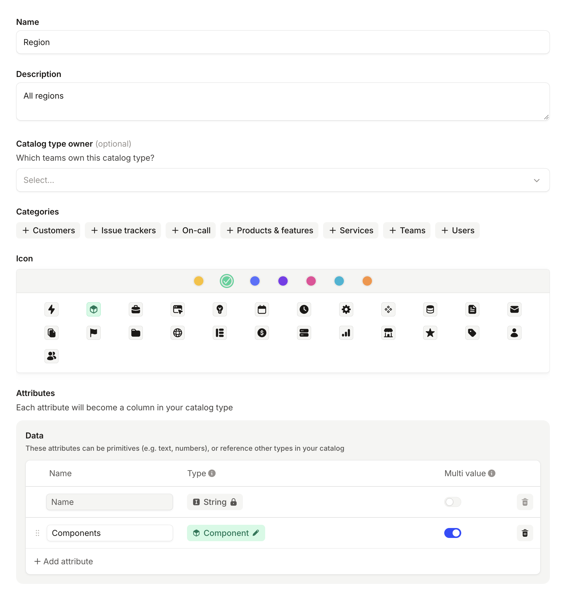 Region catalog type with a Components attribute of type Component and Multi value turned on
