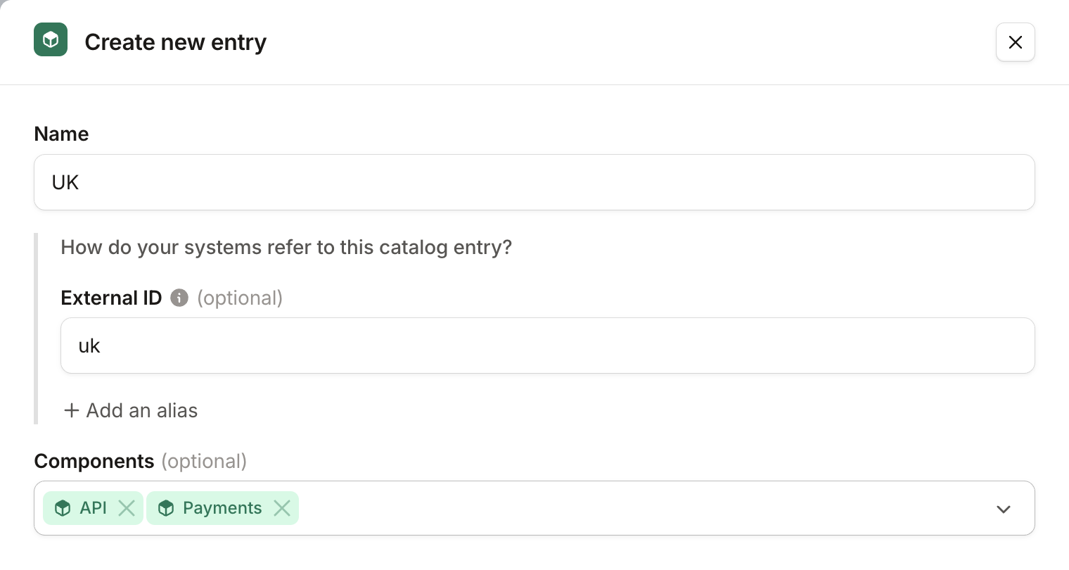 Create new entry drawer for the UK region, with API and Payments selected as Components