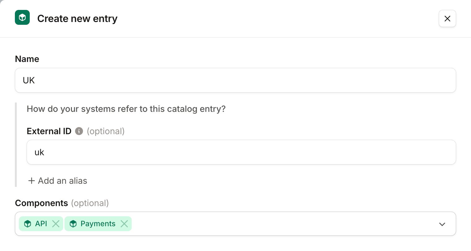 Create new entry drawer for the UK region, with API and Payments selected as Components