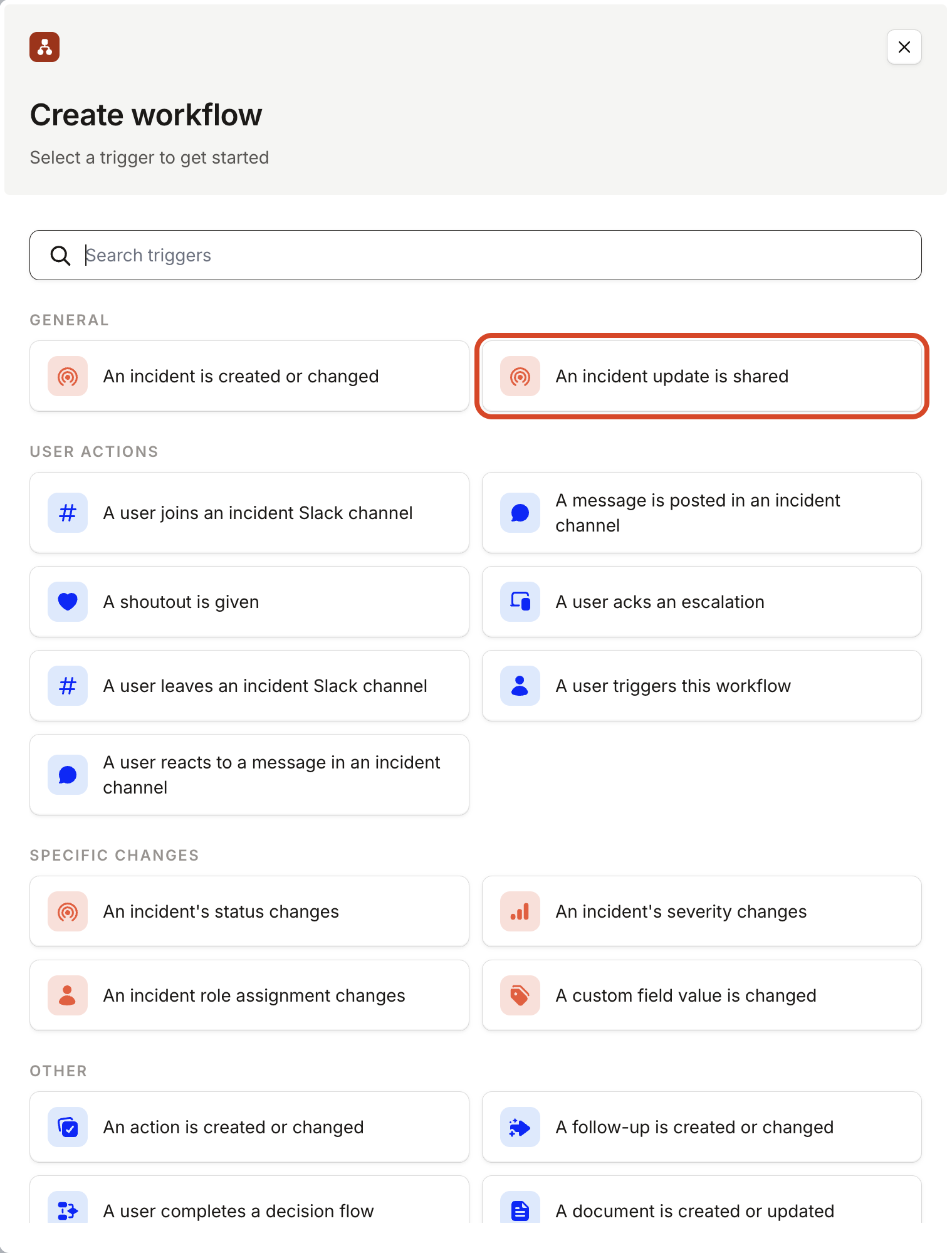 The Create workflow trigger picker with An incident update is shared highlighted