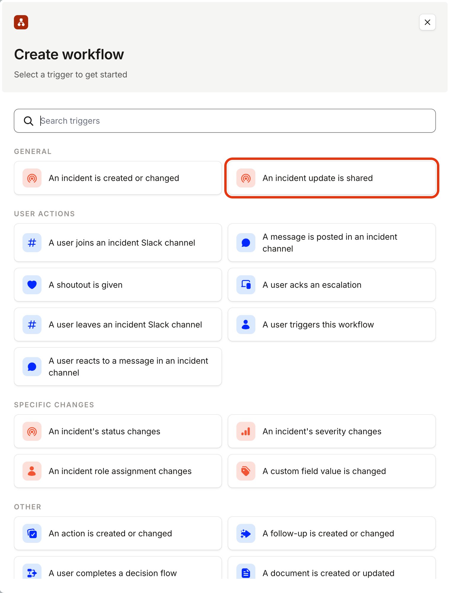 The Create workflow trigger picker with An incident update is shared highlighted