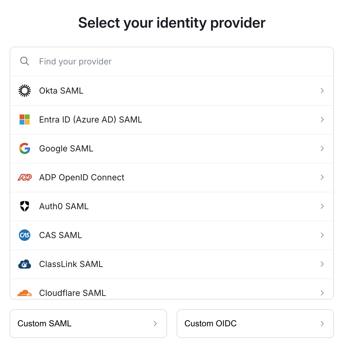 The Select your identity provider screen, listing Okta, Entra ID, Google, and other providers plus Custom SAML and Custom OIDC options