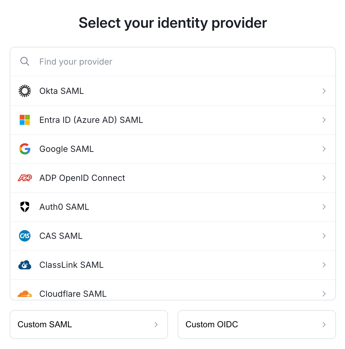 The Select your identity provider screen, listing Okta, Entra ID, Google, and other providers plus Custom SAML and Custom OIDC options