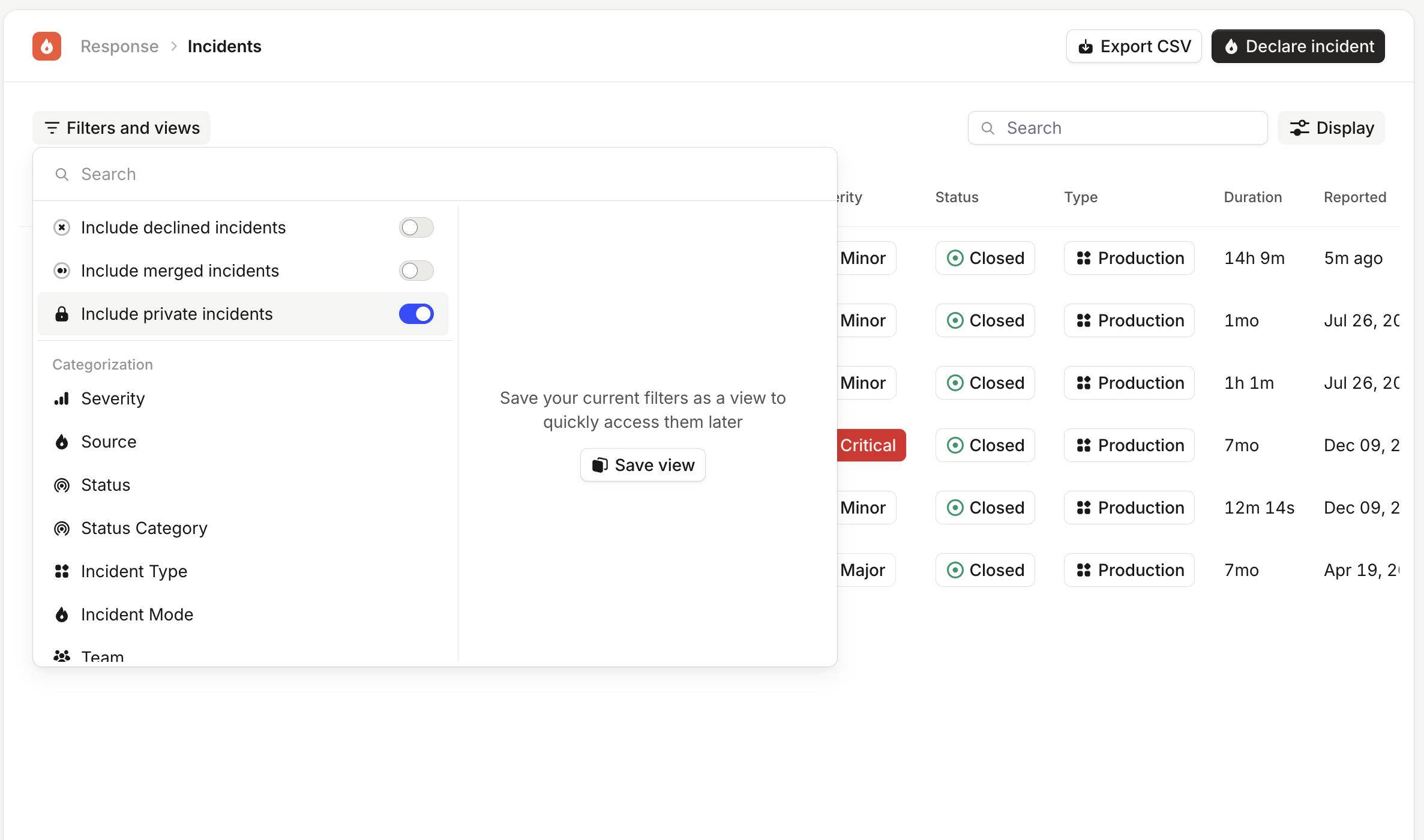 The Include private incidents toggle on the incidents dashboard