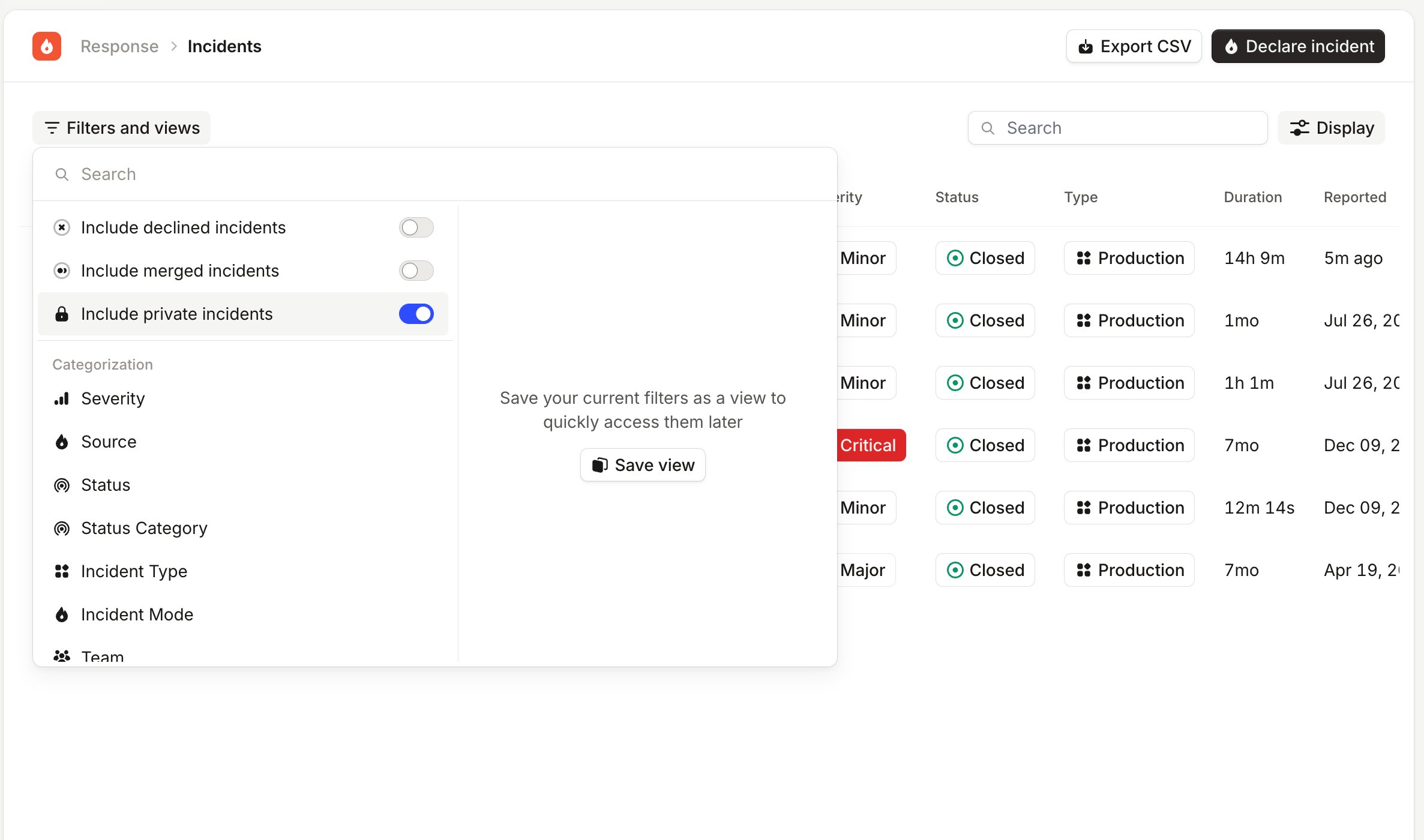 The Include private incidents toggle on the incidents dashboard