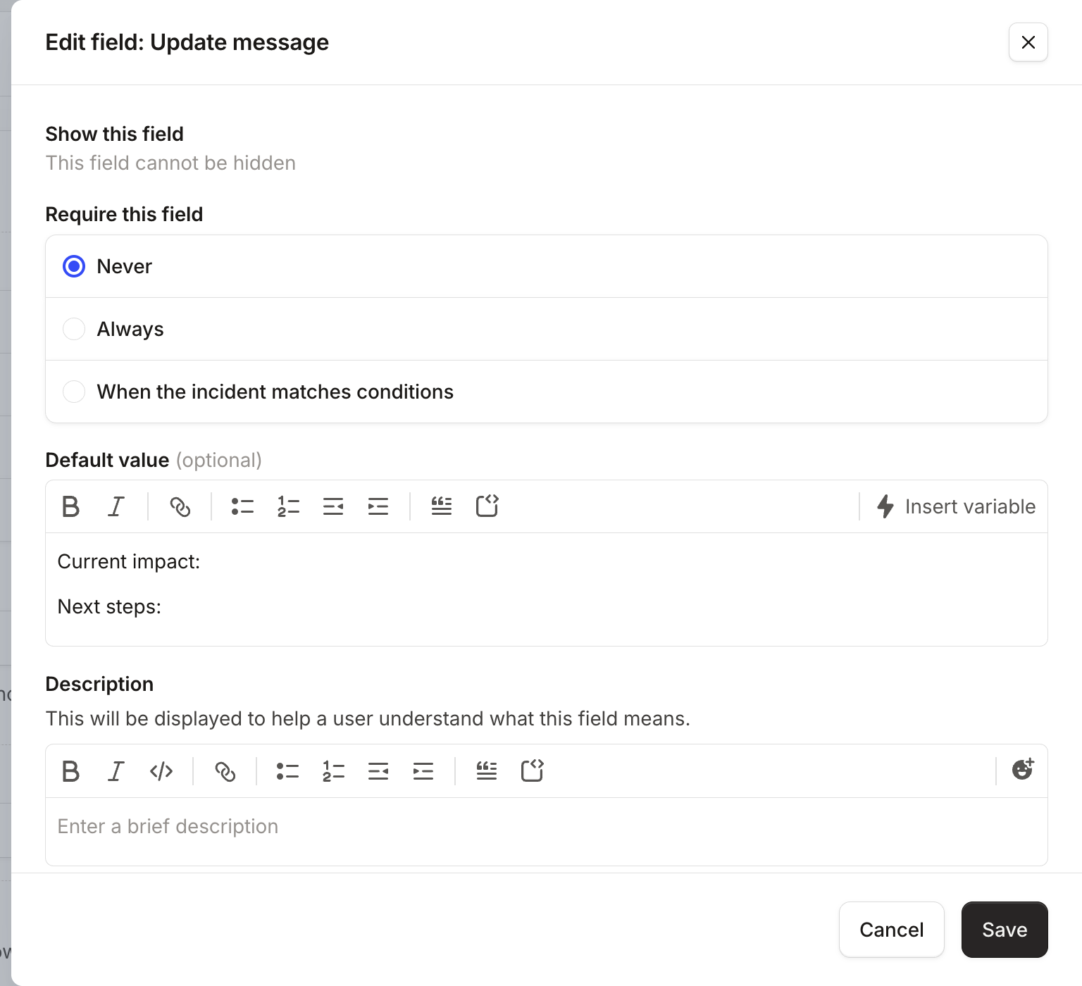 A summary template with pre-populated text for responders