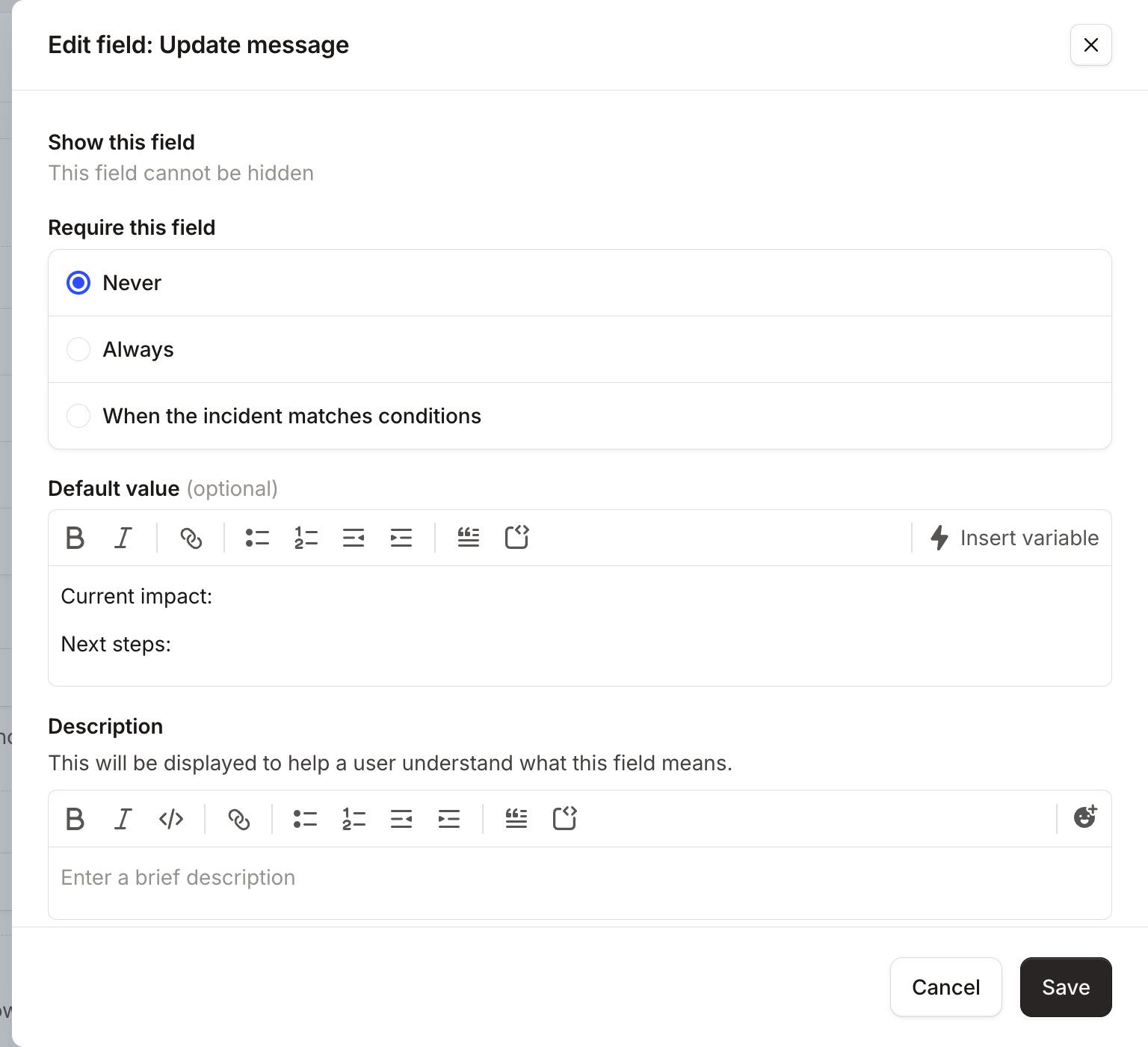A summary template with pre-populated text for responders