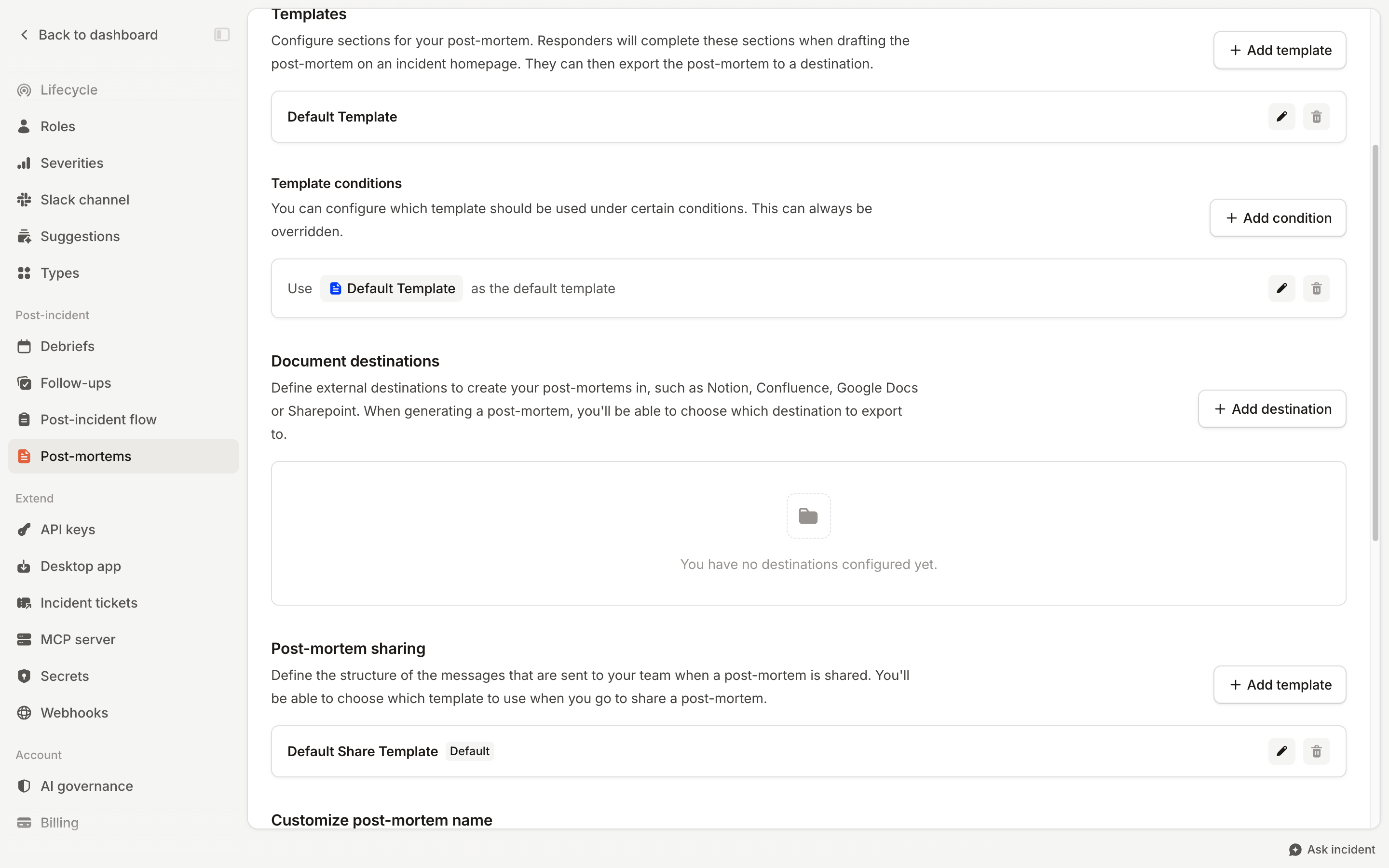 The Document destinations section of Post-mortem settings, with no destinations configured and an Add destination button