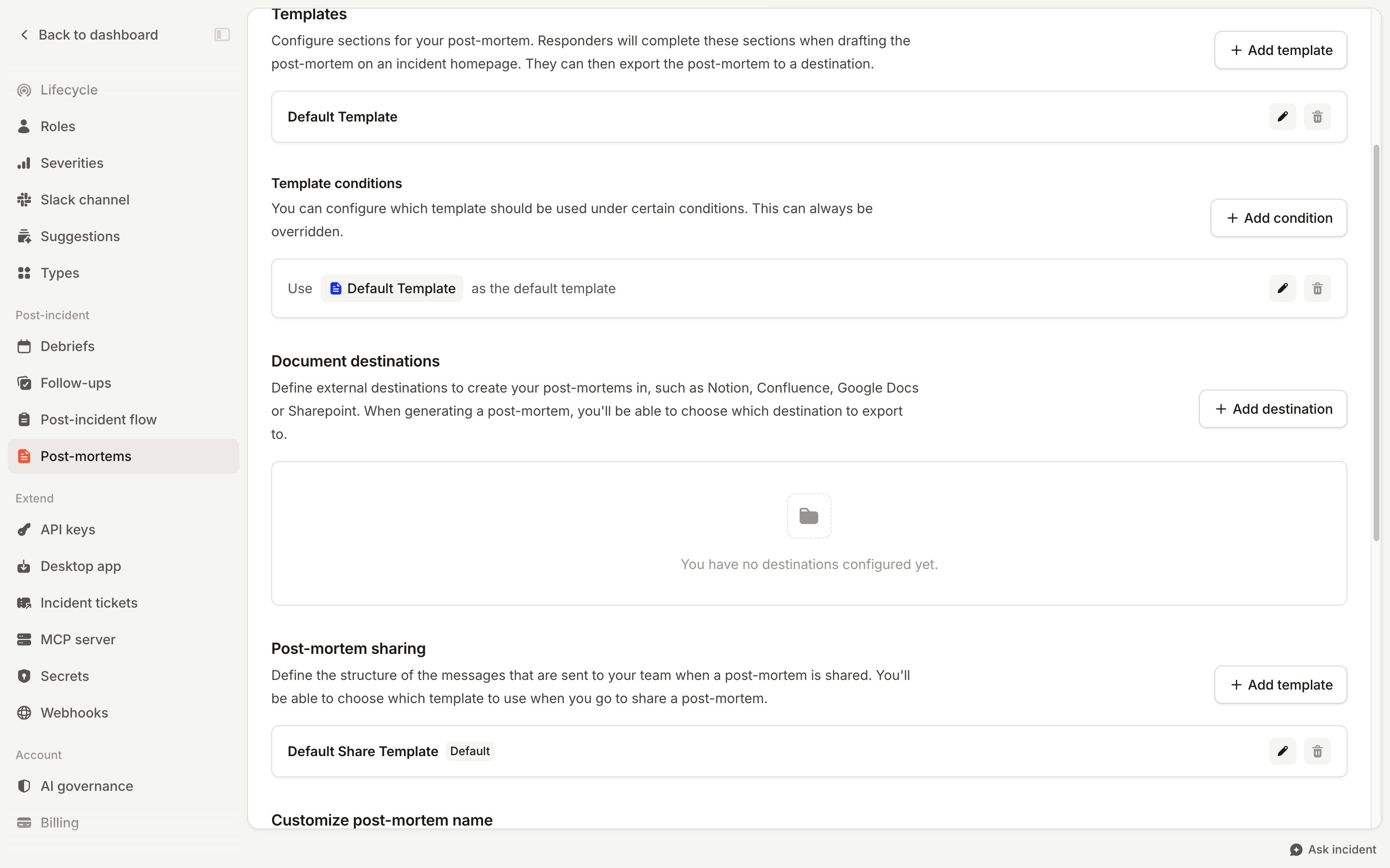 The Document destinations section of Post-mortem settings, with no destinations configured and an Add destination button