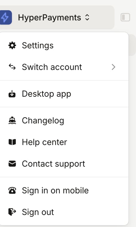 The organization selector menu, with Contact support below Help center