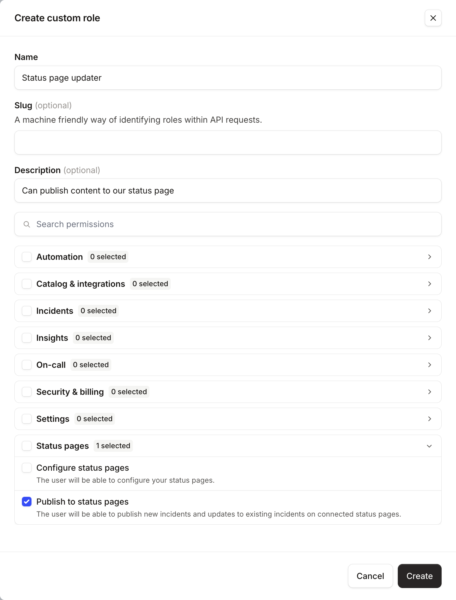 The Create custom role form with Publish to status pages ticked under Status pages