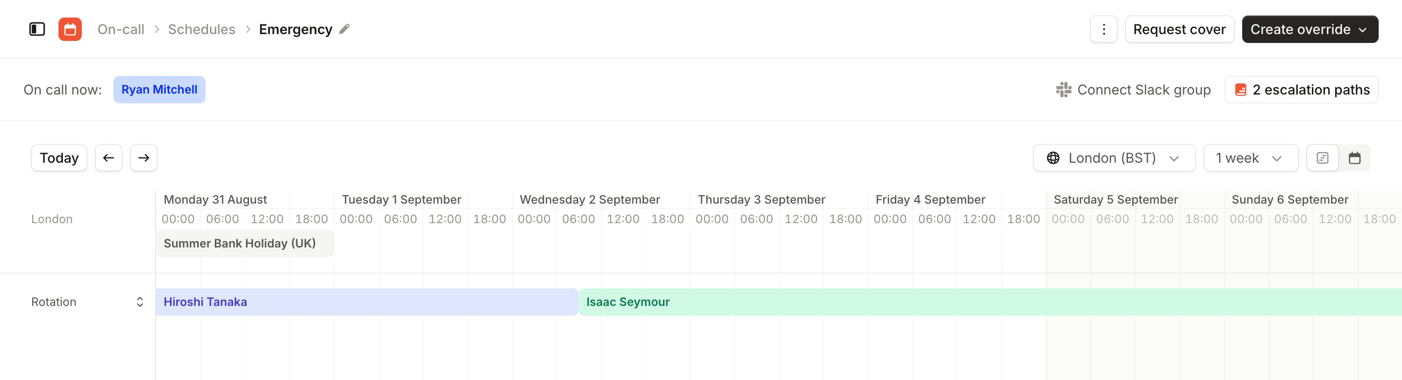 The Emergency schedule timeline, with Request cover and Create override in the top right