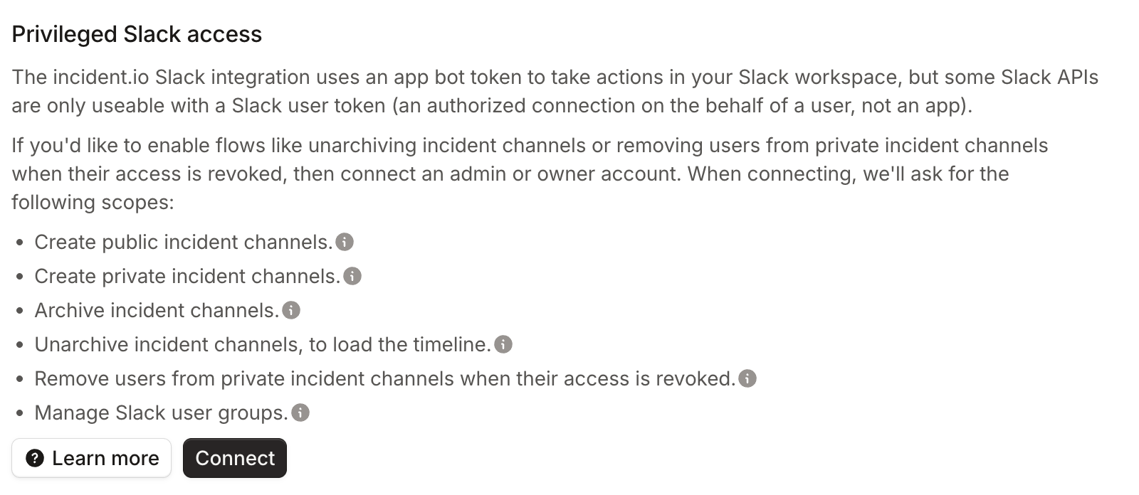 The Privileged Slack access section of Security settings, listing the scopes and a Connect button