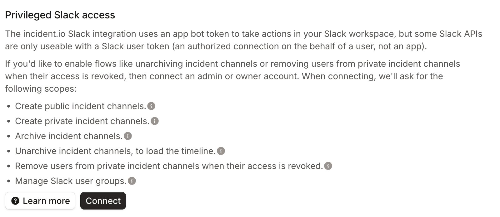 The Privileged Slack access section of Security settings, listing the scopes and a Connect button
