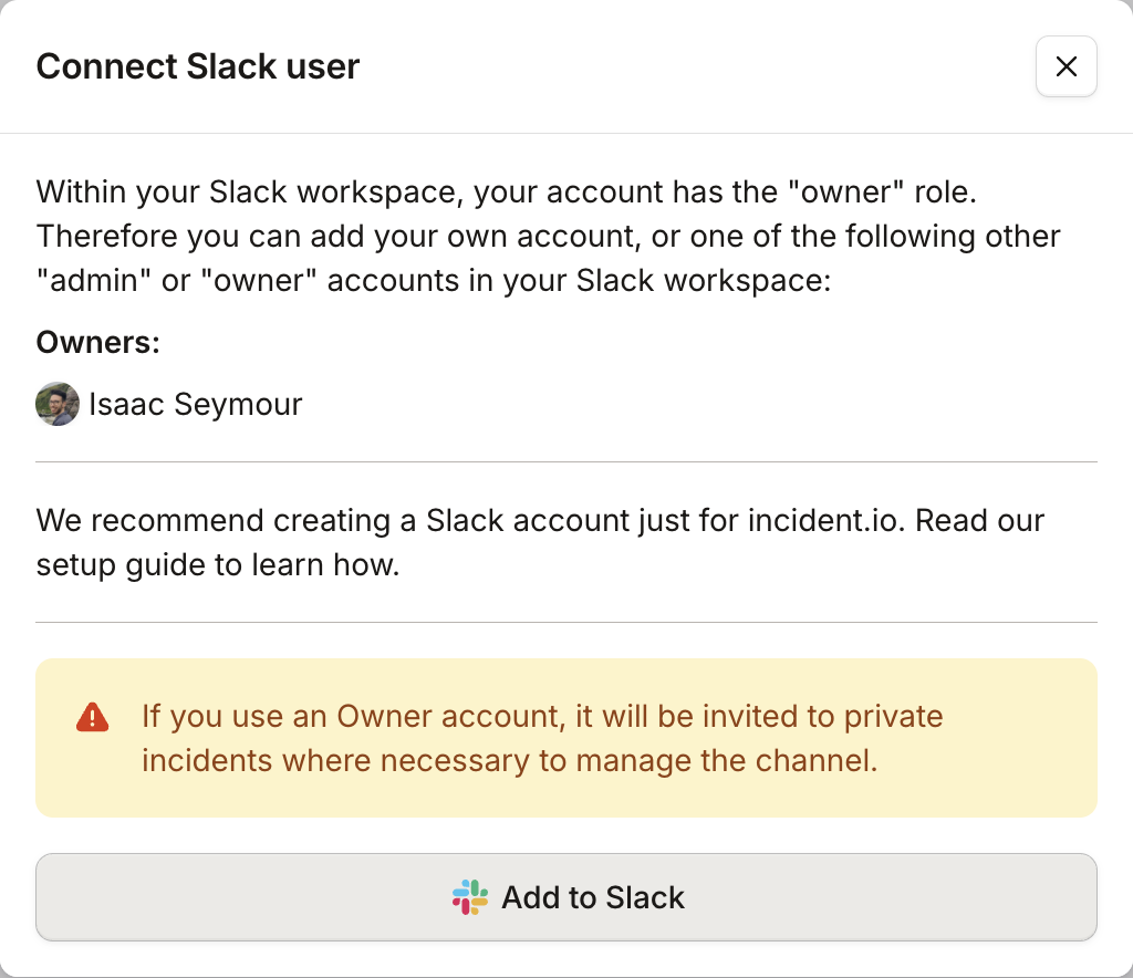The Connect Slack user dialog, listing the workspace owners, with an Add to Slack button