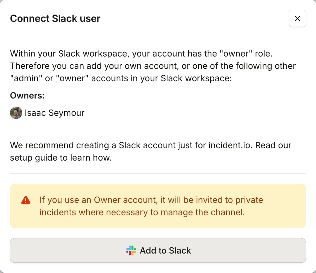 The Connect Slack user dialog, listing the workspace owners, with an Add to Slack button