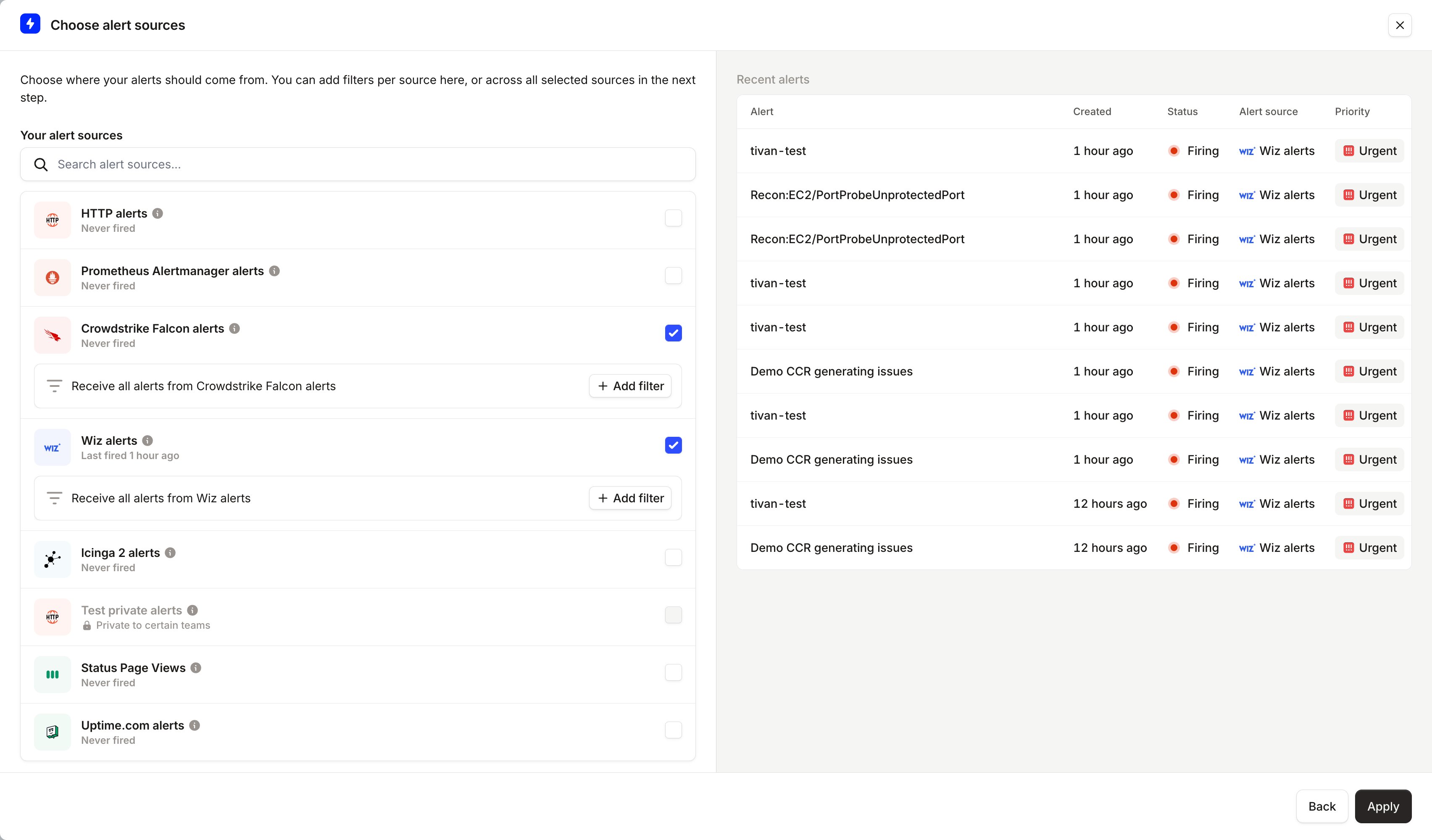 The Choose alert sources drawer with two sources ticked and recent alerts listed alongside