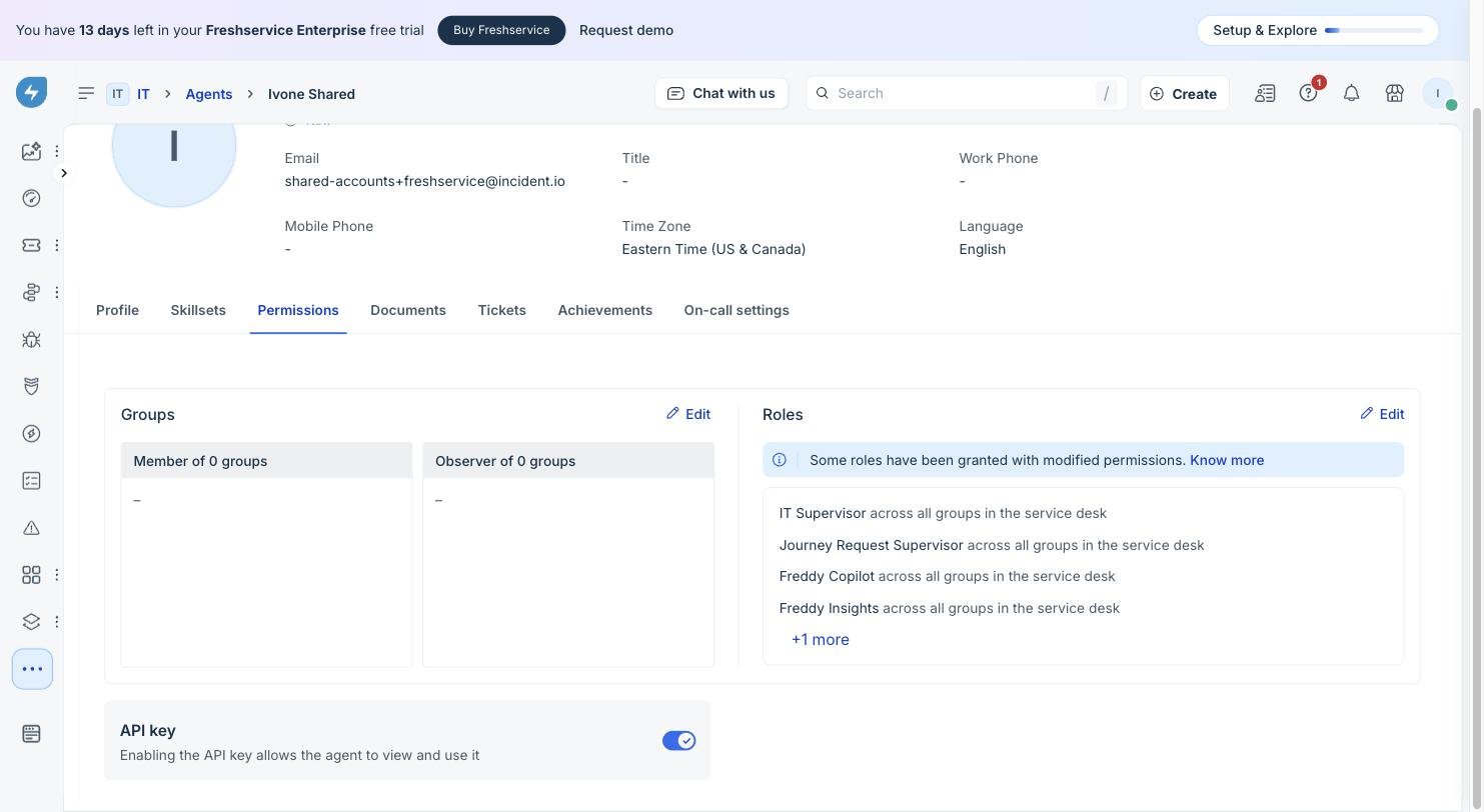 Freshservice agent Permissions tab showing the API key toggle enabled