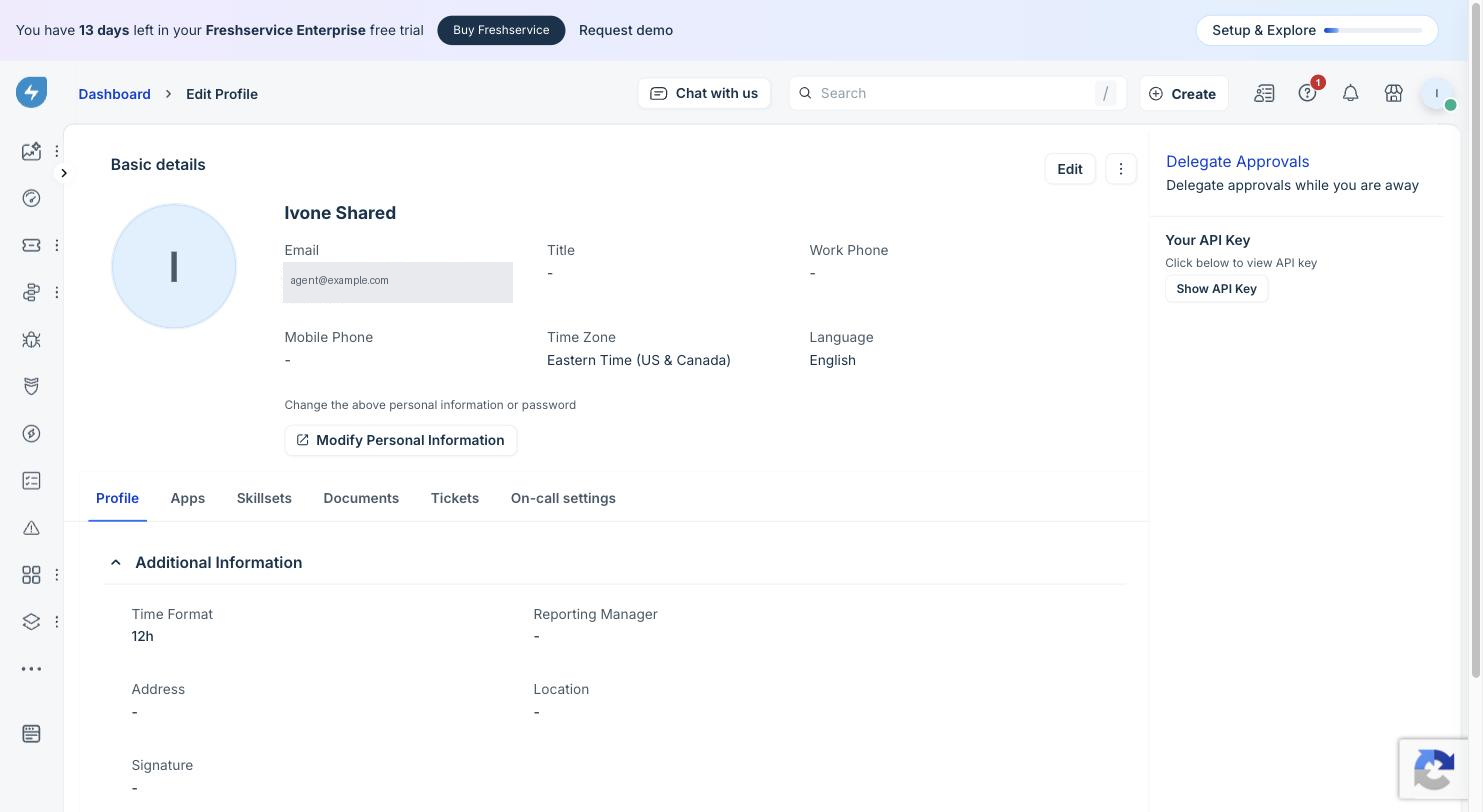 Freshservice Profile Settings page showing the Your API Key panel