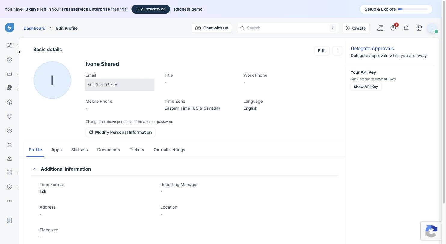 Freshservice Profile Settings page showing the Your API Key panel