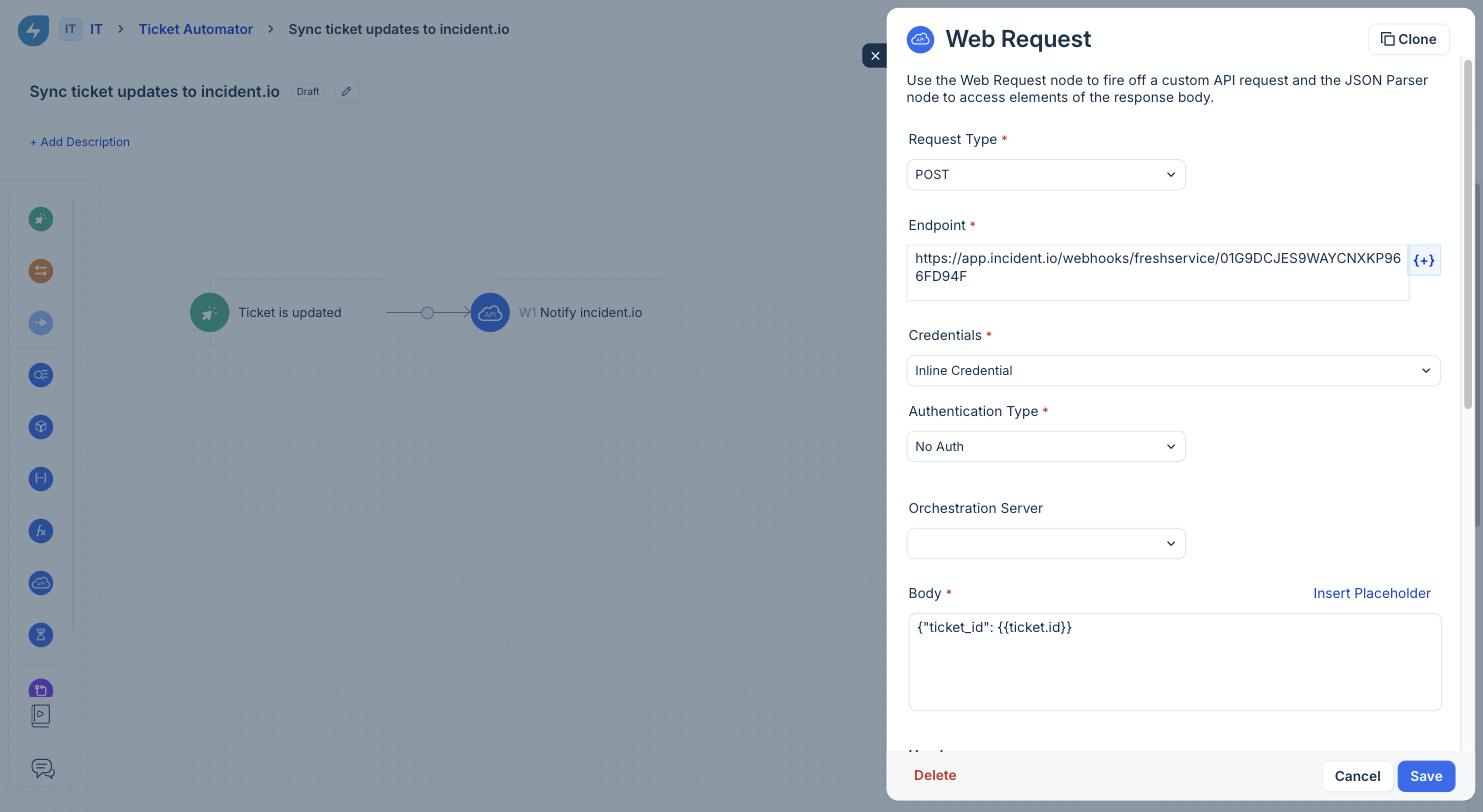 Freshservice Web Request node configured as a POST with a JSON body
