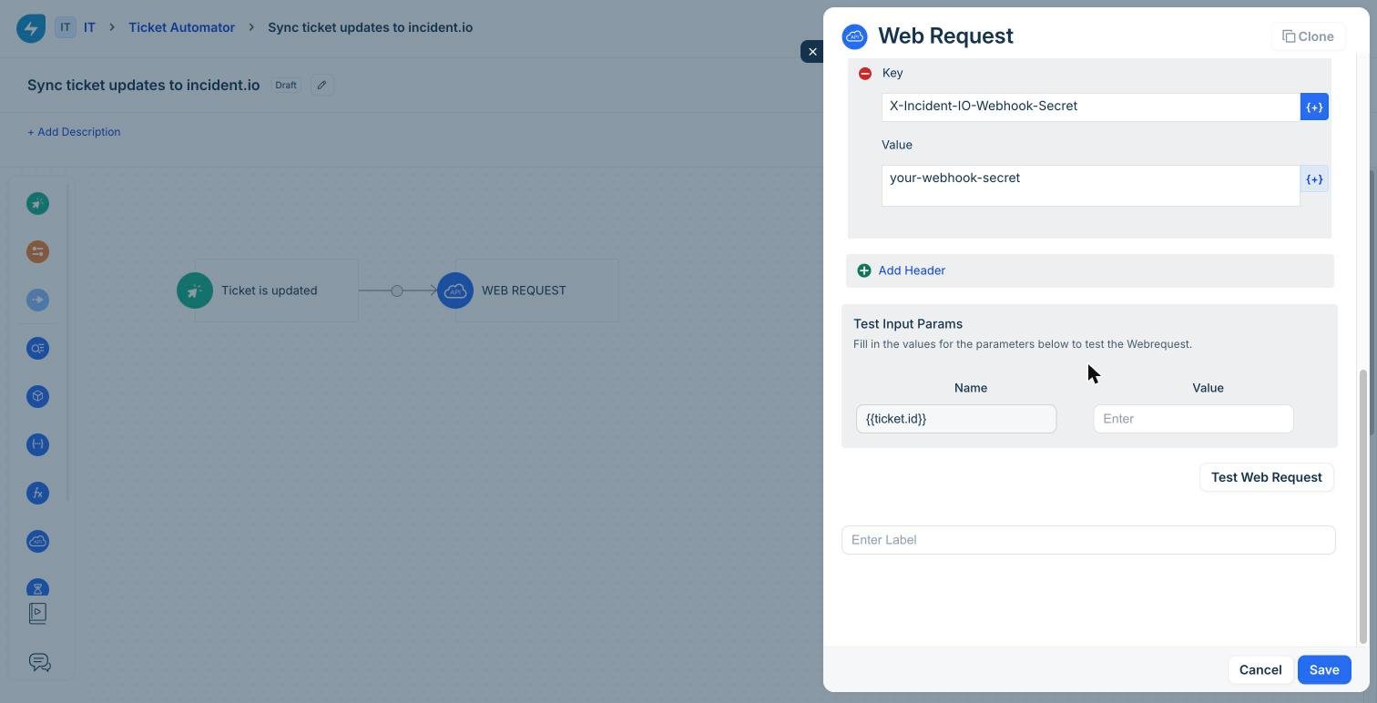 Freshservice Web Request headers section with the X-Incident-IO-Webhook-Secret header