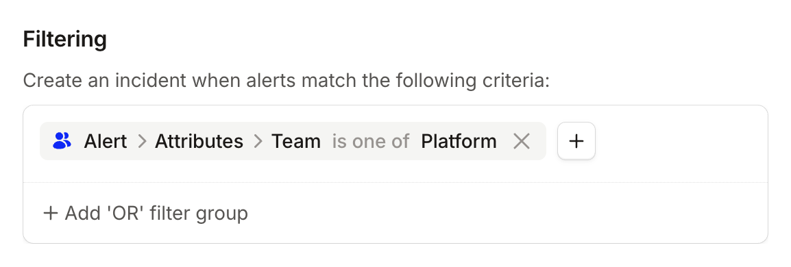 The saved filter: Alert > Attributes > Team is one of Platform