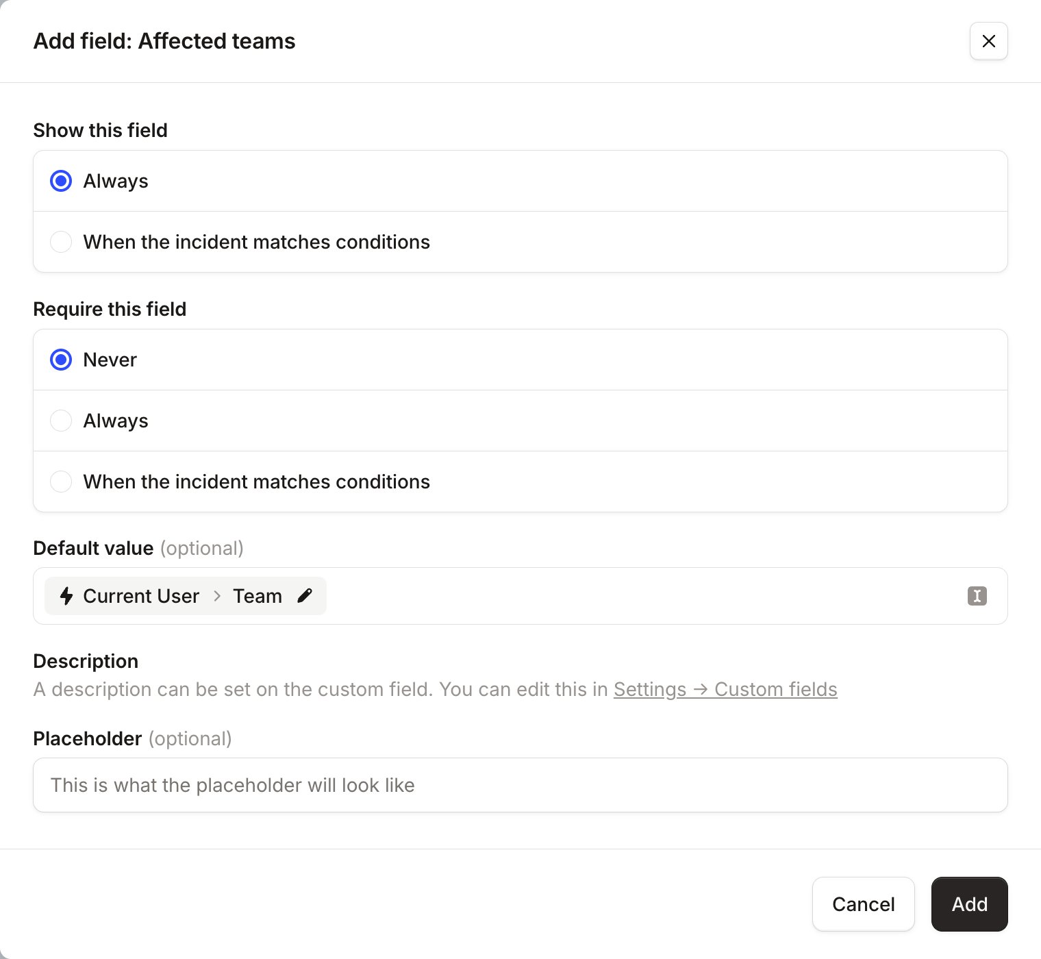 Add field: Affected teams form with Default value set to Current User > Team