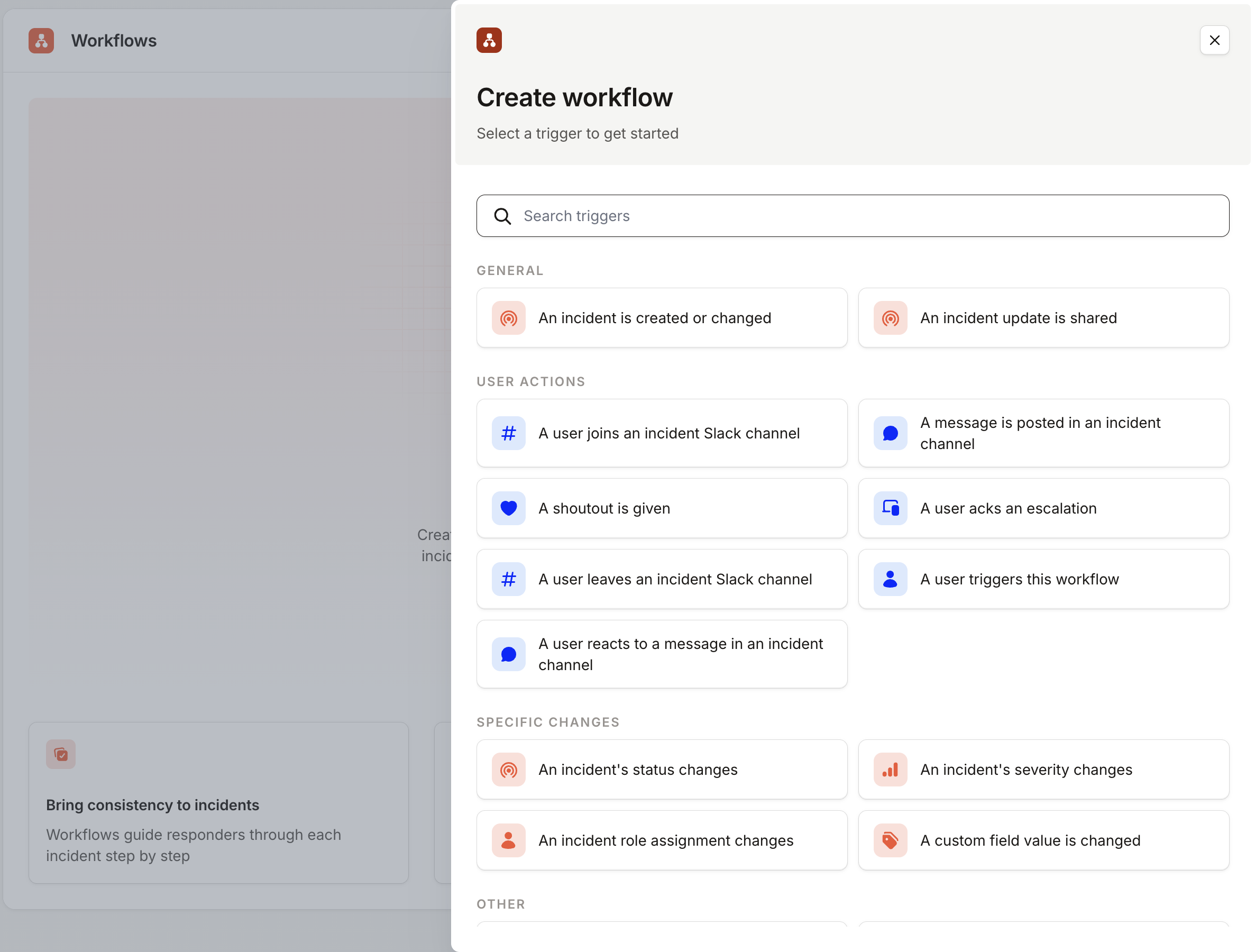 Create workflow drawer listing triggers, including An incident is created or changed