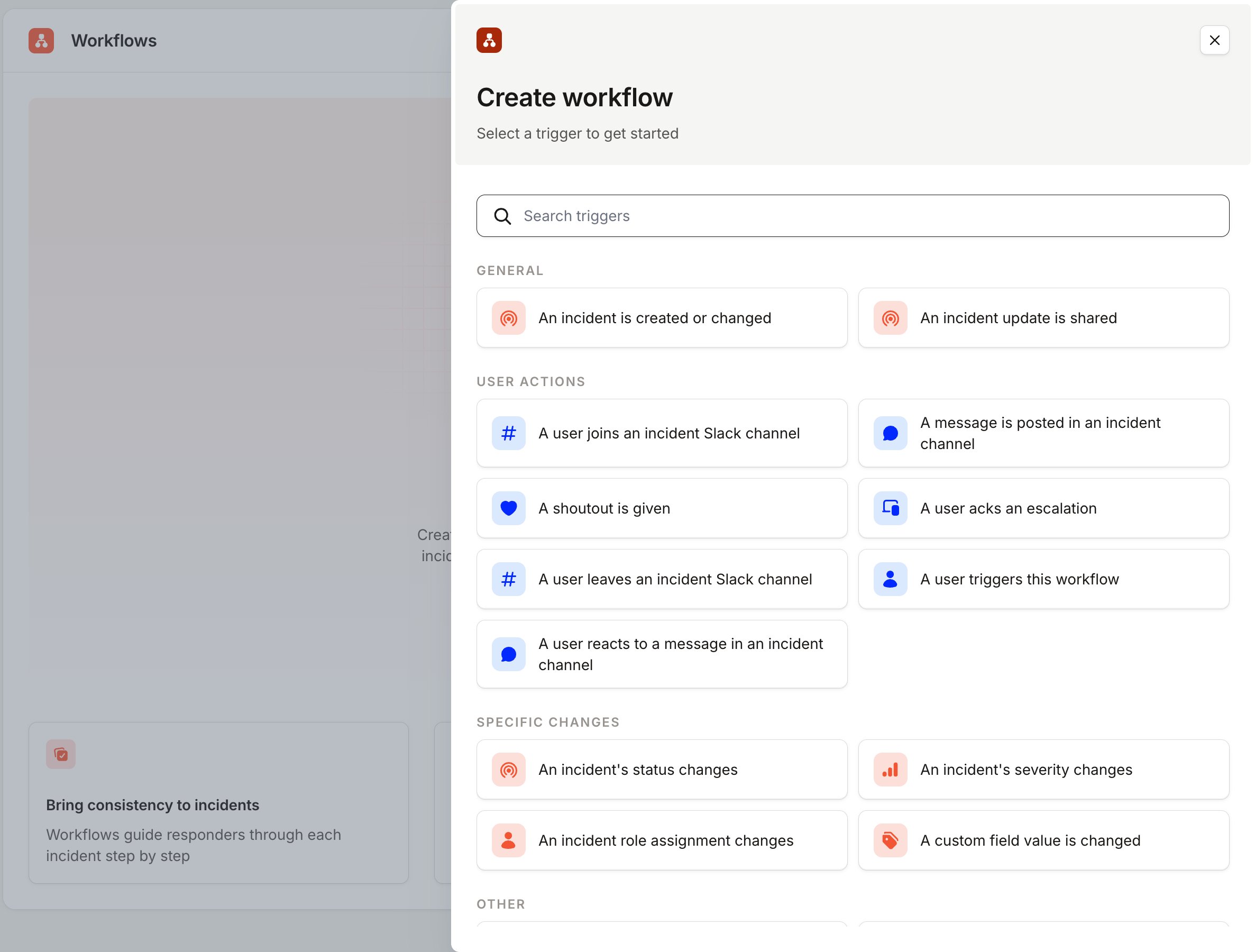 Create workflow drawer listing triggers, including An incident is created or changed
