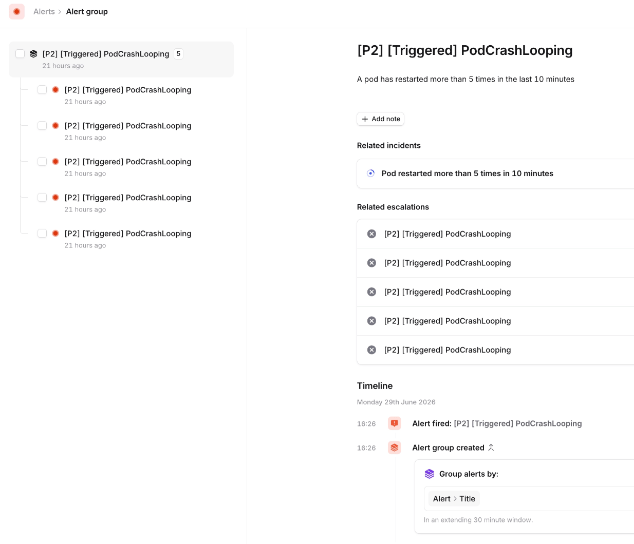 An alert group for a PodCrashLooping alert, showing five grouped alerts in the left pane and, on the right, the
group's related incidents, related escalations, and a timeline recording that the group was created by grouping on
Alert Title within an extending 30-minute window