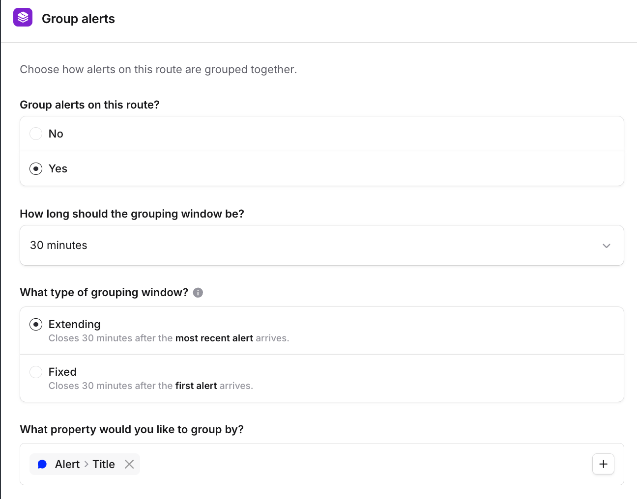 The Group alerts configuration on an alert route, with grouping turned on, a 30-minute window set to Extending, and
alerts grouped by Alert Title