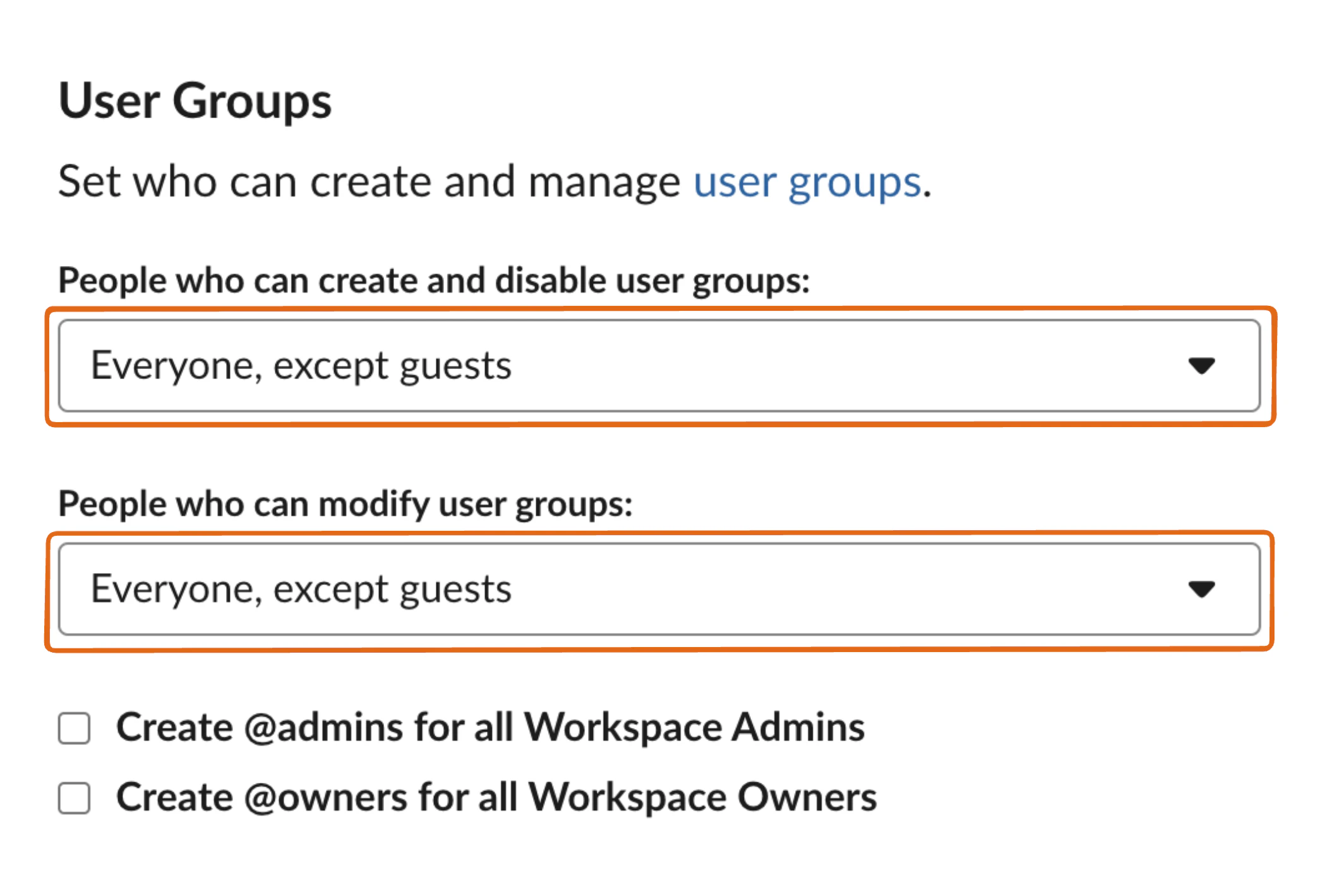 Slack user group restrictions settings