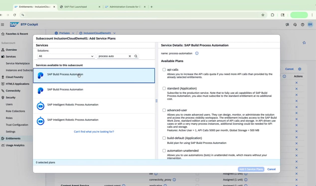 Add Service Plans dialog with SAP Build Process Automation selected