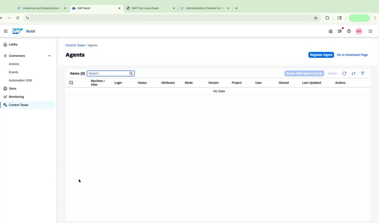 Control Tower Agents page with Register Agent option