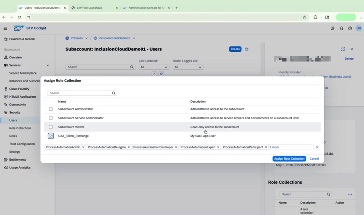Assign Role Collection dialog with all Process Automation roles selected