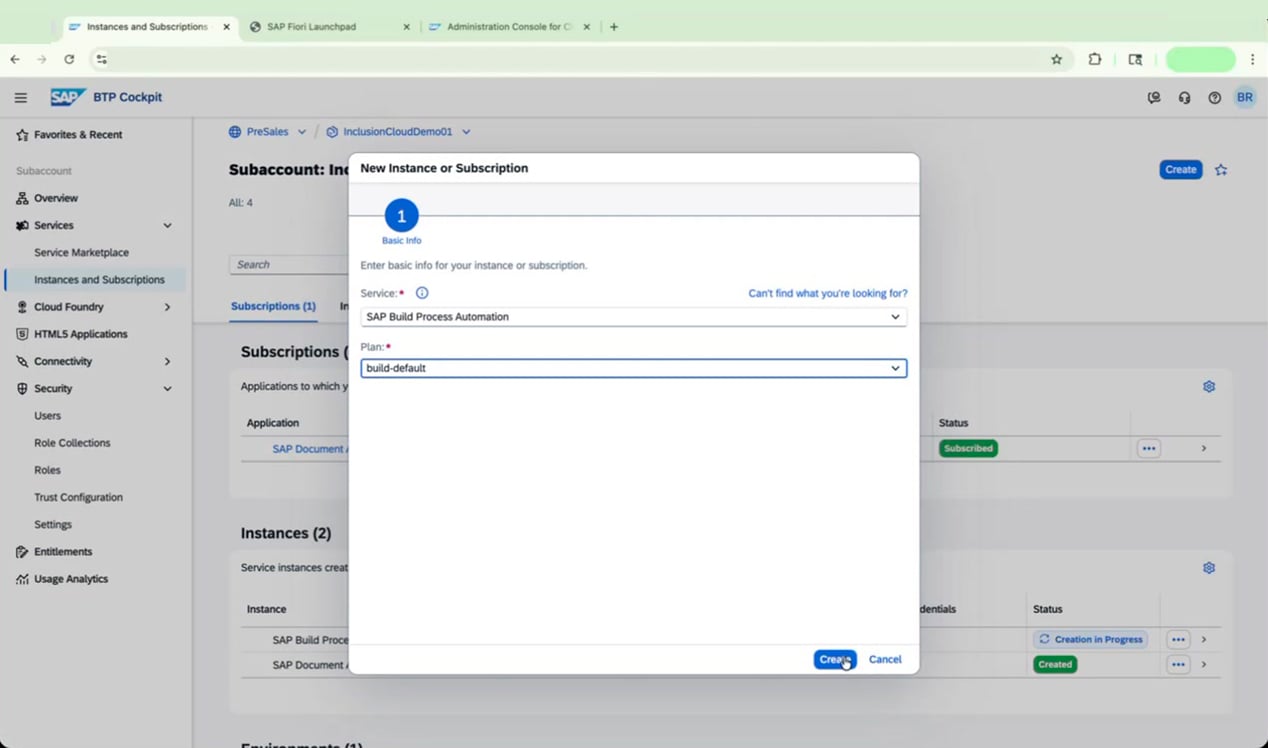 New Instance or Subscription dialog with build-default plan selected