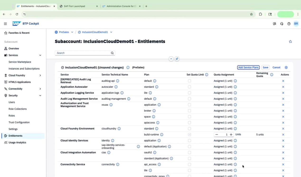 Entitlements page with unsaved changes and the Save button visible