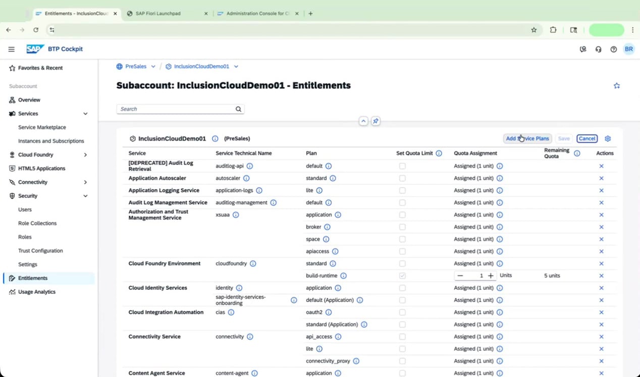 Add Service Plans button highlighted on the Entitlements page