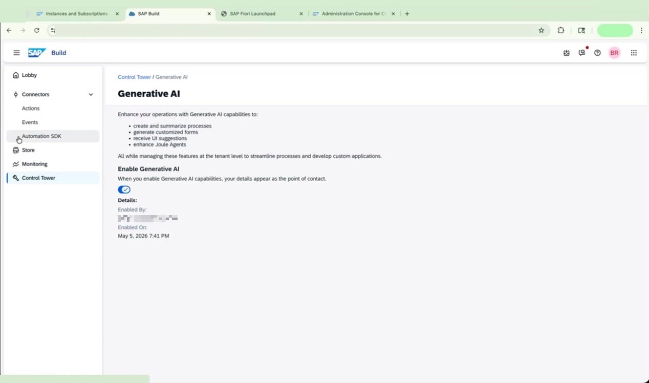 Generative AI configuration screen showing enabled status and activation details