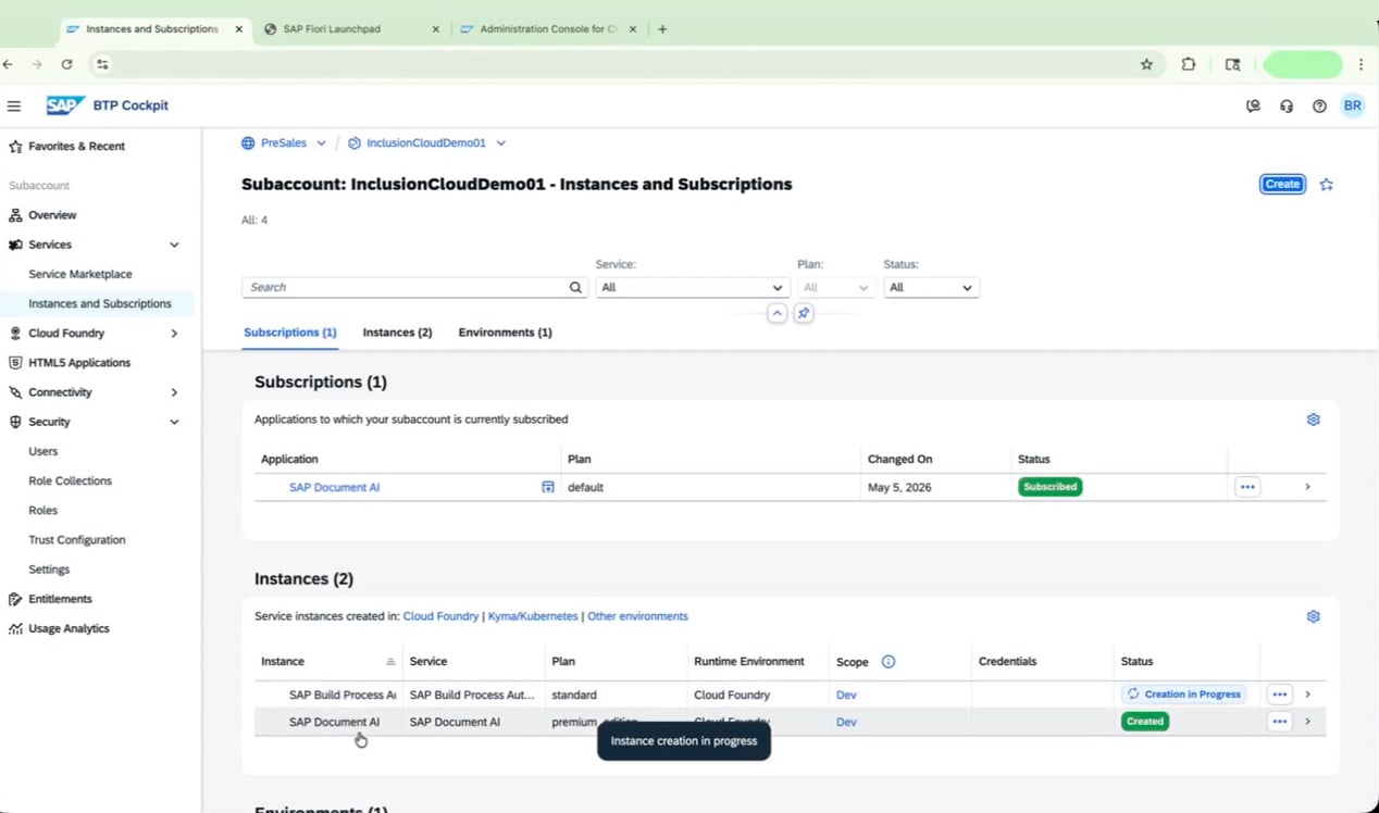 Instances and Subscriptions page showing the new instance with "Creation in Progress" status
