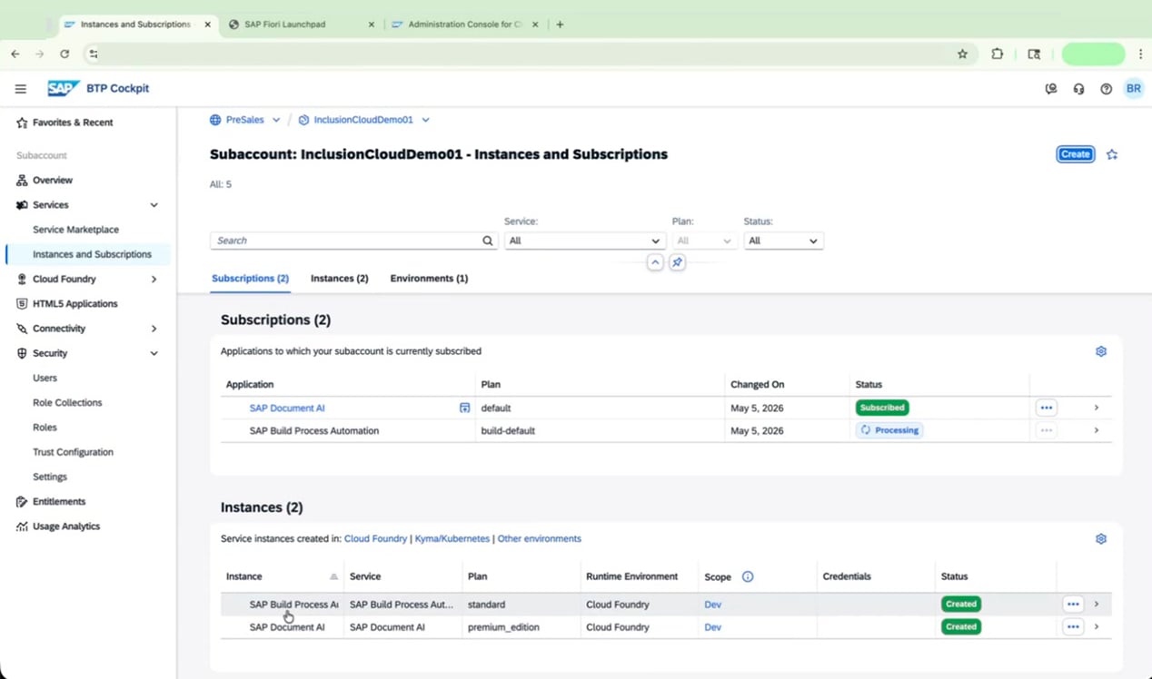 Subscriptions section showing SAP Build Process Automation with Processing status